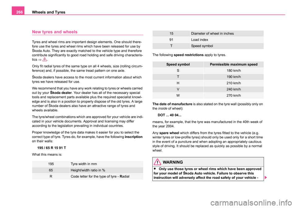 SKODA OCTAVIA 2005 1.G / (1U) Owners Manual Wheels and Tyres
266
New tyres and wheels
Tyres and wheel rims are important design elements. One should there-
fore use the tyres and wheel rims which have been released for use by 
Škoda Auto. They