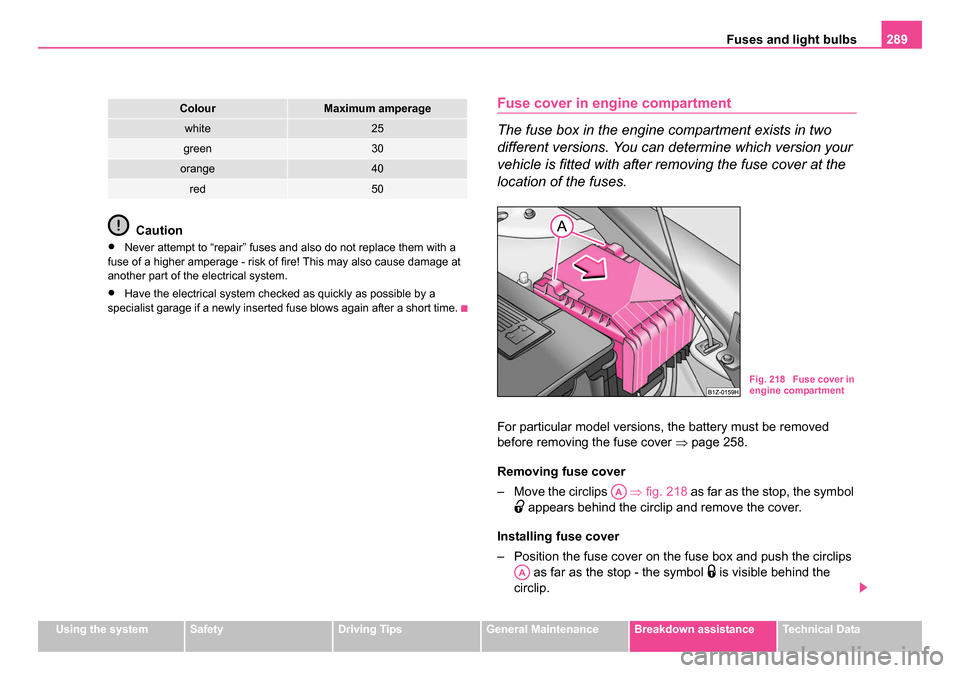 SKODA OCTAVIA 2005 1.G / (1U) User Guide Fuses and light bulbs289
Using the systemSafetyDriving TipsGeneral MaintenanceBreakdown assistanceTechnical Data
Caution
•Never attempt to “repair” fuses and also do not replace them with a
fus SKODA OCTAVIA 2005 1.G / (1U) User Guide Fuses and light bulbs289
Using the systemSafetyDriving TipsGeneral MaintenanceBreakdown assistanceTechnical Data
Caution
•Never attempt to “repair” fuses and also do not replace them with a
fus