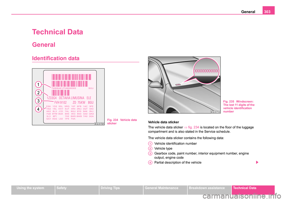 SKODA OCTAVIA 2005 1.G / (1U) Owners Manual General303
Using the systemSafetyDriving TipsGeneral MaintenanceBreakdown assistanceTechnical Data
Technical Data
General
Identification data
Vehicle data sticker
The vehicle data sticker  ⇒fig. 234