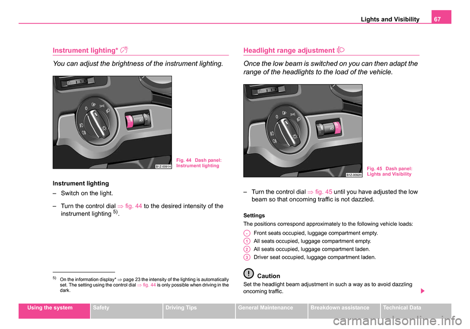 SKODA OCTAVIA 2005 1.G / (1U) Owners Guide Lights and Visibility67
Using the systemSafetyDriving TipsGeneral MaintenanceBreakdown assistanceTechnical Data
Instrument lighting*
You can adjust the brightness of the instrument lighting.
Instr SKODA OCTAVIA 2005 1.G / (1U) Owners Guide Lights and Visibility67
Using the systemSafetyDriving TipsGeneral MaintenanceBreakdown assistanceTechnical Data
Instrument lighting*
You can adjust the brightness of the instrument lighting.
Instr