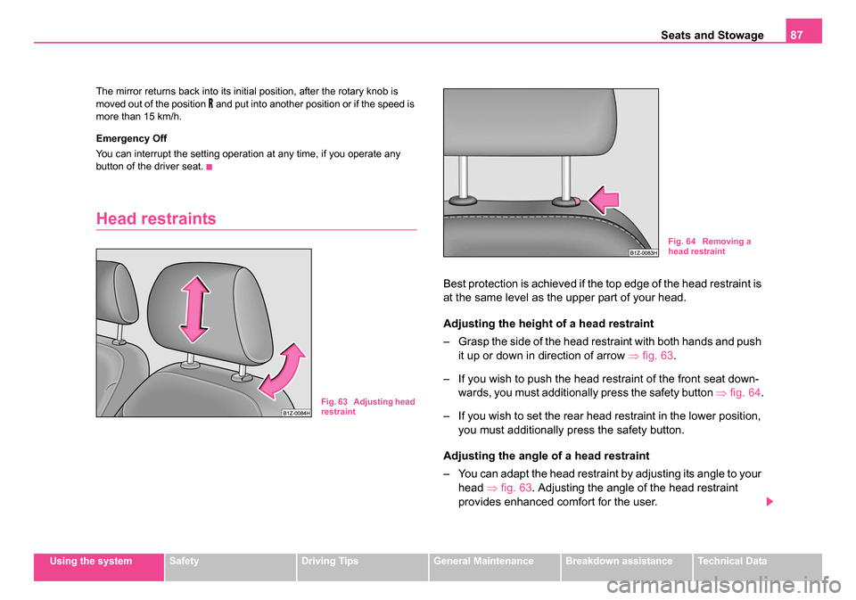 SKODA OCTAVIA 2005 1.G / (1U) Service Manual Seats and Stowage87
Using the systemSafetyDriving TipsGeneral MaintenanceBreakdown assistanceTechnical Data
The mirror returns back into its initial position, after the rotary knob is
moved out of th SKODA OCTAVIA 2005 1.G / (1U) Service Manual Seats and Stowage87
Using the systemSafetyDriving TipsGeneral MaintenanceBreakdown assistanceTechnical Data
The mirror returns back into its initial position, after the rotary knob is
moved out of th