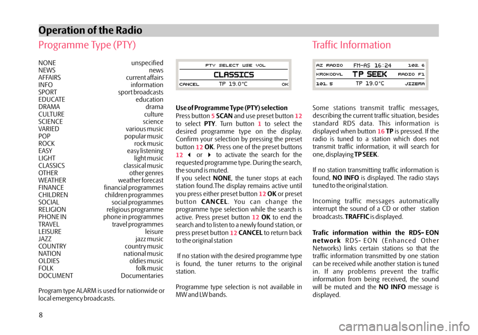 SKODA OCTAVIA 2005 1.G / (1U) Stream Car Radio Manual NONEunspecified
NEWS news
AFFAIRS current affairs
INFO information
SPORT sport broadcasts
EDUCATE education
DRAMA drama
CULTURE culture
SCIENCE science
VARIED various music
POP popular music
ROCK rock