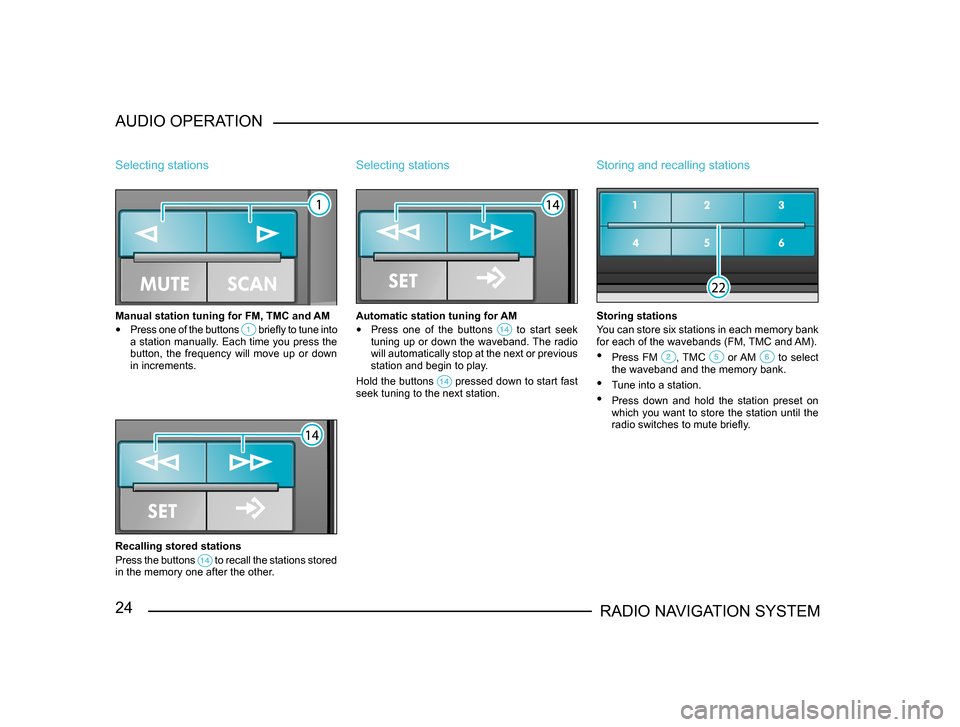 SKODA SUPERB 2005 1.G / (B5/3U) Sat Compass Navigation System Manual 24RADIO NAVIGATION SYSTEM
AUDIO OPERATION
Selecting stations
Manual station tuning for FM, TMC and AM
• 
Press one of the buttons  briefly to tune into a station manually. Each time you press the 
b