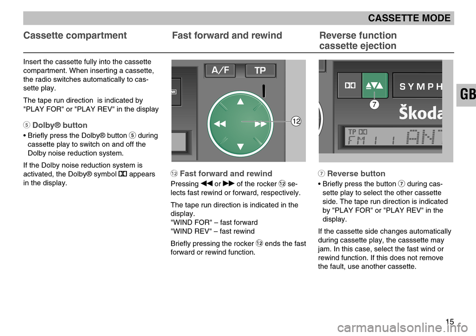 SKODA SUPERB 2005 1.G / (B5/3U) SymphonyTape Car Radio Manual 7Reverse button
• Briefly press the button 7during cas-
sette play to select the other cassette
side. The tape run direction is indicated
by "PLAY FOR" or "PLAY REV" in the
display.
If the cassette 