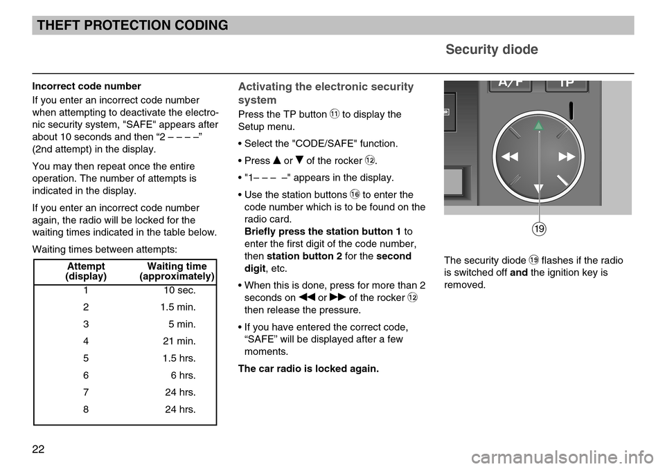 SKODA SUPERB 2005 1.G / (B5/3U) SymphonyTape Car Radio Manual 22
Security diode
Activating the electronic security
system
Press the TP button ß?to display the
Setup menu.
• Select the "CODE/SAFE" function.
• Press 
or of the rocker ß`.
• "1– – – 