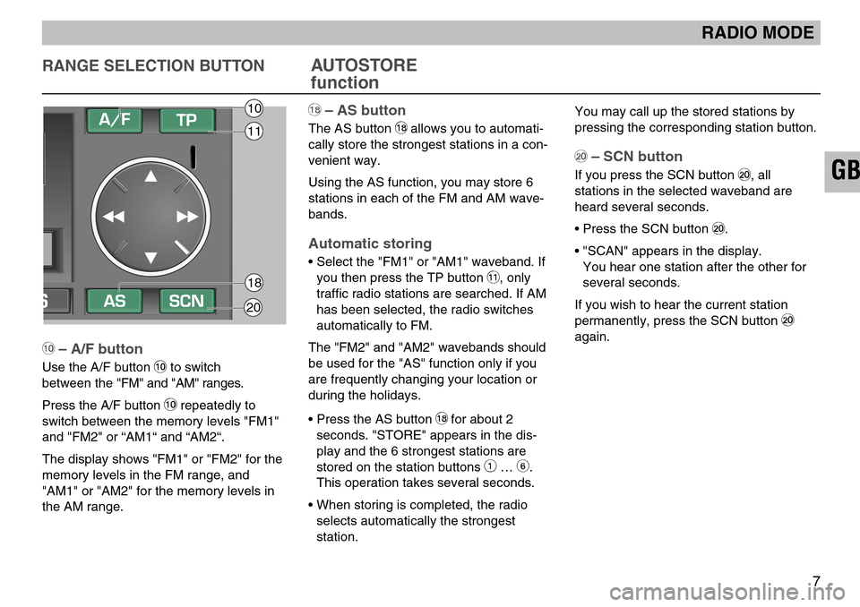 SKODA SUPERB 2005 1.G / (B5/3U) SymphonyTape Car Radio Manual GB
ßZ– AS button
The AS button ßZallows you to automati-
cally store the strongest stations in a con-
venient way.
Using the AS function, you may store 6
stations in each of the FM and AM wave-
ba SKODA SUPERB 2005 1.G / (B5/3U) SymphonyTape Car Radio Manual GB
ßZ– AS button
The AS button ßZallows you to automati-
cally store the strongest stations in a con-
venient way.
Using the AS function, you may store 6
stations in each of the FM and AM wave-
ba