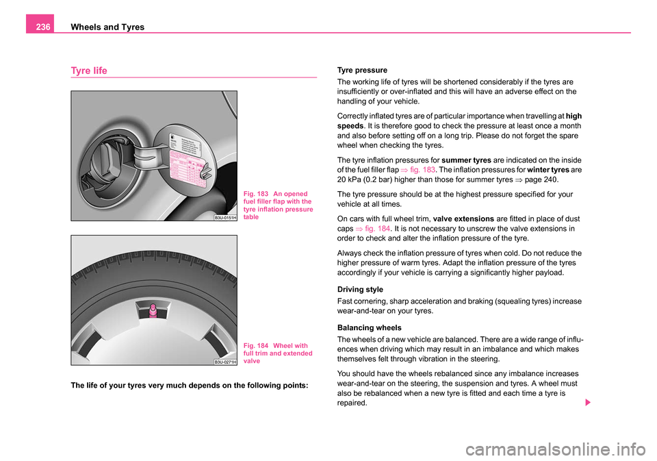 SKODA SUPERB 2006 1.G / (B5/3U) Owners Manual Wheels and Tyres
236
Tyre life
The life of your tyres very much depends on the following points: Tyre pressure
The working life of tyres will be shortened considerably if the tyres are 
insufficiently