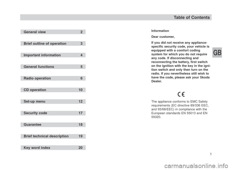 SKODA FABIA 2007 1.G / 6Y SymphonyCD Car Radio Manual GB
1
Table of Contents
Information
Dear customer,
If you did not receive any appliance-
specific security code, your vehicle is
equipped with a comfort coding
system for which you do not require
any c
