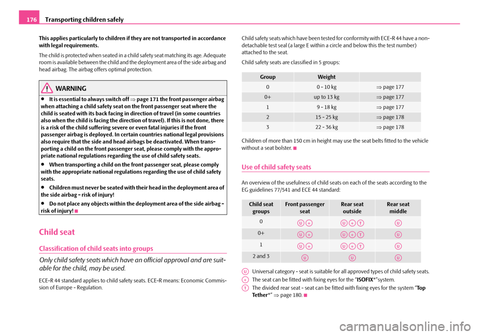 SKODA OCTAVIA 2007 1.G / (1U) Owners Manual Transporting children safely
176
This applies particularly to children if they are not transported in accordance 
with legal requirements.
The child is protected when seated in a child safety seat mat