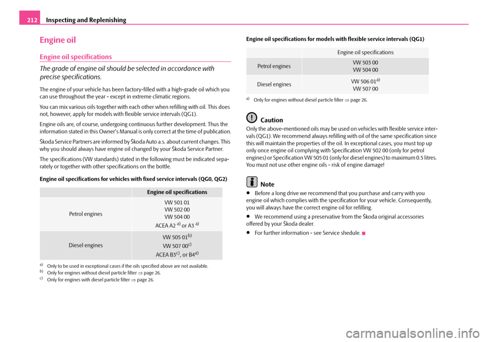 SKODA OCTAVIA 2007 1.G / (1U) Owners Manual Inspecting and Replenishing
212
Engine oil
Engine oil specifications
The grade of engine oil should be selected in accordance with
precise specifications.
The engine of your vehicle has been fact ory SKODA OCTAVIA 2007 1.G / (1U) Owners Manual Inspecting and Replenishing
212
Engine oil
Engine oil specifications
The grade of engine oil should be selected in accordance with
precise specifications.
The engine of your vehicle has been fact ory