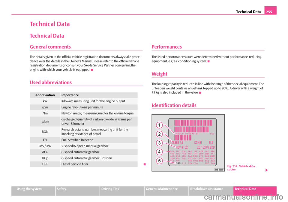 SKODA OCTAVIA 2007 1.G / (1U) Owners Guide Technical Data255
Using the systemSafetyDriving TipsGeneral MaintenanceBreakdown assistanceTechnical Data
Technical Data
Technical Data
General comments
The details given in the official vehicle  regi