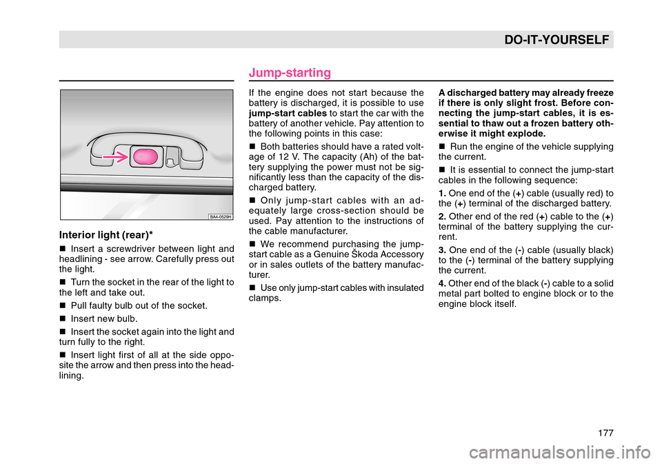 SKODA OCTAVIA TOUR 2007 1.G / (1U) Owners Manual 177
DO-IT-YOURSELF
Interior light (rear)*Insert a screwdriver between light and
headlining - see arrow. Carefully press out
the light.
 Turn the socket in the rear of the light to
the left and take 