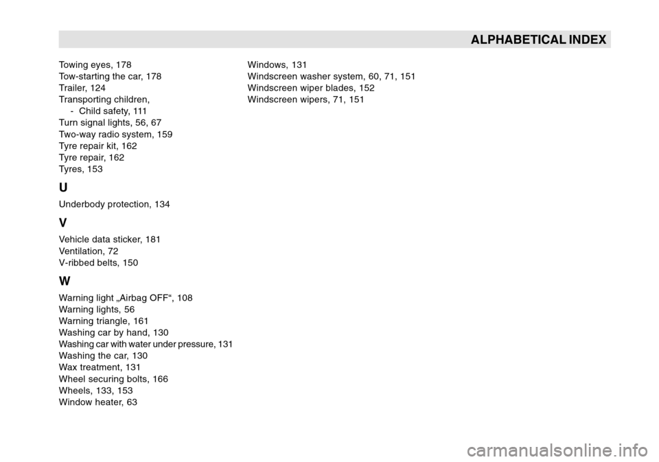 SKODA OCTAVIA TOUR 2007 1.G / (1U) Owners Manual ALPHABETICAL INDEX
Towing eyes, 178
Tow-starting the car, 178
Trailer, 124
Transporting children,- Child safety, 111
Turn signal lights, 56, 67
Two-way radio system, 159
Tyre repair kit, 162
Tyre repa