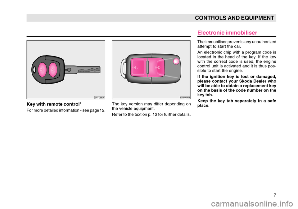 SKODA OCTAVIA TOUR 2007 1.G / (1U) Owners Manual 7
CONTROLS AND EQUIPMENT
Key with remote control*For more detailed information - see page 12.The key version may differ depending on
the vehicle equipment.
Refer to the text on p. 12 for further detai