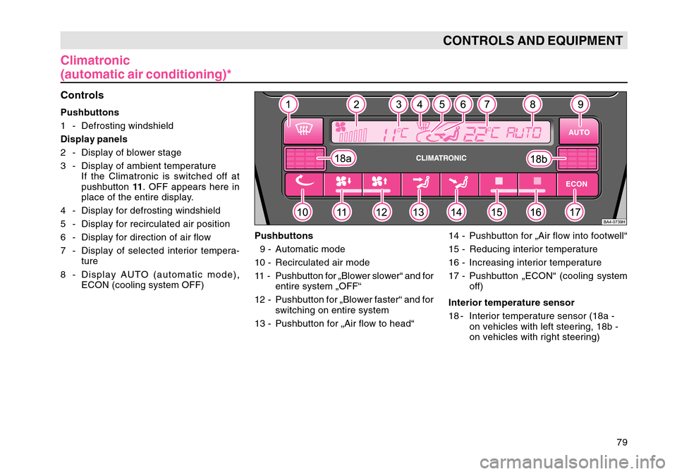 SKODA OCTAVIA TOUR 2007 1.G / (1U) Manual PDF 79
CONTROLS AND EQUIPMENT
Climatronic
(automatic air conditioning)*
ControlsPushbuttons
1 - Defrosting windshield
Display panels
2 - Display of blower stage
3 - Display of ambient temperature If the C