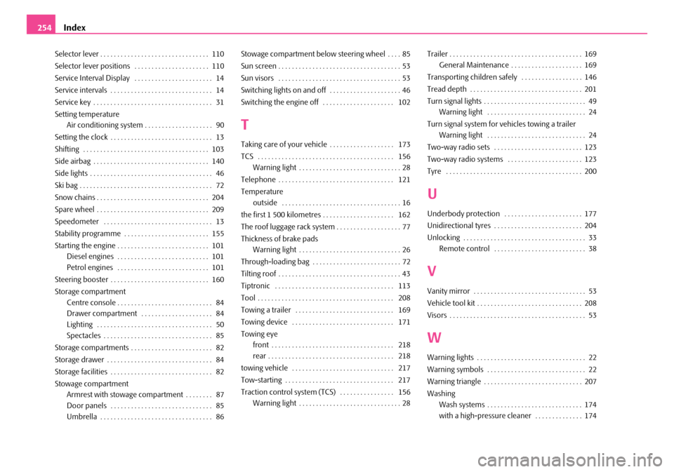 SKODA SUPERB 2007 1.G / (B5/3U) Service Manual Index
254
Selector lever . . . . . . . . . . . . . . . . . . . . . . . . . . . . . . . .  110
Selector lever positions  . . . . . . . . . . . . . . . . . . . . . .  110
Service Interval Display  . . .