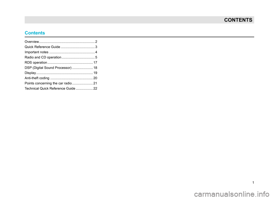 SKODA SUPERB 2007 1.G / (B5/3U) Rhapsody Car Radio Manual 1
CONTENTS
Overview...........................................................2
Quick Reference Guide ....................................3
Important notes ............................................