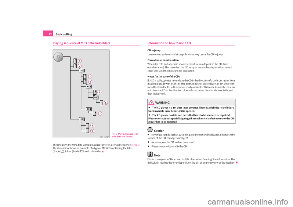 SKODA OCTAVIA 2008 2.G / (1Z) Bolero Car Radio Manual Basic setting
12Playing sequence of MP3 data and foldersThe unit plays the MP3 data stored on a data carrier in a certain sequence  ⇒fig. 1 . 
The illustration shows an example of a  typical MP3 CD 