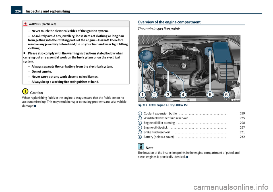 SKODA OCTAVIA 2008 2.G / (1Z) Owners Manual Inspecting and replenishing
226
− Never touch the electrical cabl es of the ignition system.
− Absolutely avoid any jewellery, loose items of clothing or long hair 
from getting into the rotating 