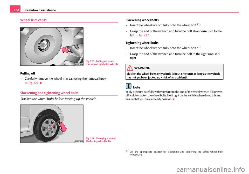 SKODA OCTAVIA 2008 2.G / (1Z) Owners Manual Breakdown assistance
250
Wheel trim caps*
Pulling off
– Carefully remove the wheel tr im cap using the removal hook 
⇒ fig. 226 .
Slackening and tightening wheel bolts
Slacken the wheel bolts befo