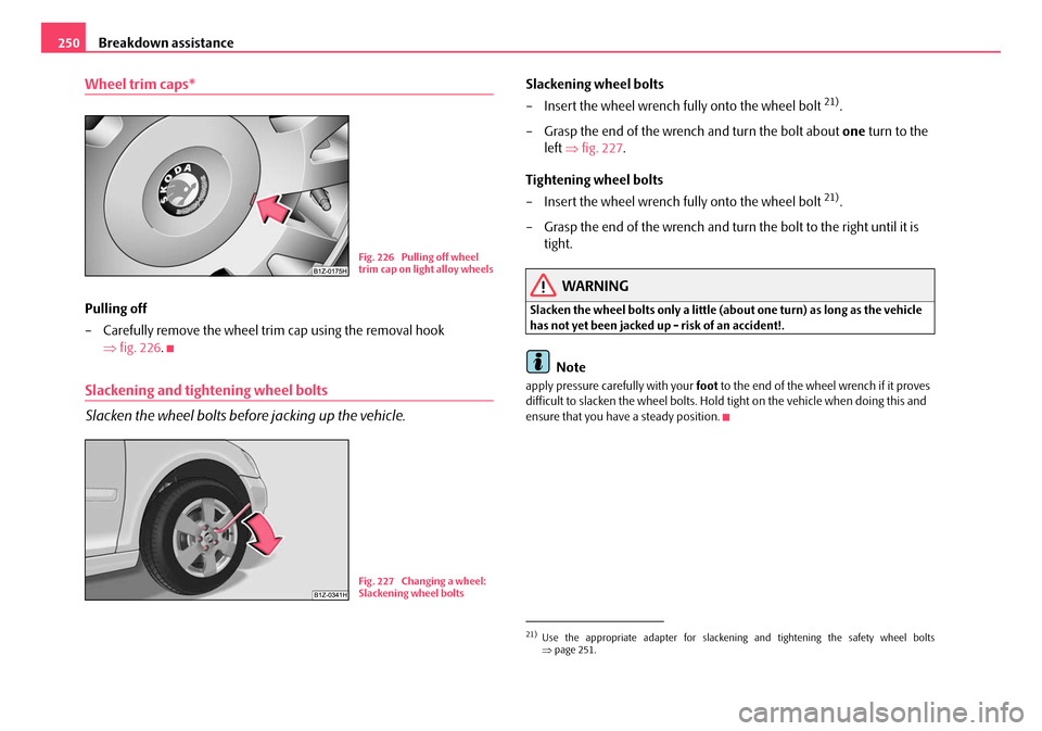 SKODA OCTAVIA 2008 2.G / (1Z) Owners Manual Breakdown assistance
250
Wheel trim caps*
Pulling off
– Carefully remove the wheel tr im cap using the removal hook
⇒ fig. 226 .
Slackening and tightening wheel bolts
Slacken the wheel bolts befo SKODA OCTAVIA 2008 2.G / (1Z) Owners Manual Breakdown assistance
250
Wheel trim caps*
Pulling off
– Carefully remove the wheel tr im cap using the removal hook
⇒ fig. 226 .
Slackening and tightening wheel bolts
Slacken the wheel bolts befo