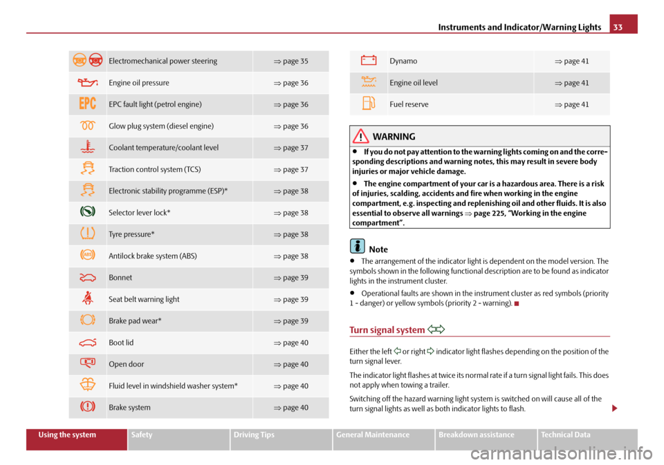 SKODA OCTAVIA 2008 2.G / (1Z) User Guide Instruments and Indicator/Warning Lights33
Using the systemSafetyDriving TipsGeneral MaintenanceBreakdown assistanceTechnical Data
WARNING
•If you do not pay attention to the warning lights coming o