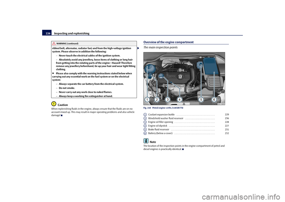 SKODA OCTAVIA 2009 2.G / (1Z) Owners Manual Inspecting and replenishing
226
ribbed belt, alternator, radiator fan) and from the high-voltage ignition system. Please observe in addition the following:
− Never touch the electrical cabl
es of SKODA OCTAVIA 2009 2.G / (1Z) Owners Manual Inspecting and replenishing
226
ribbed belt, alternator, radiator fan) and from the high-voltage ignition system. Please observe in addition the following:
− Never touch the electrical cabl
es of