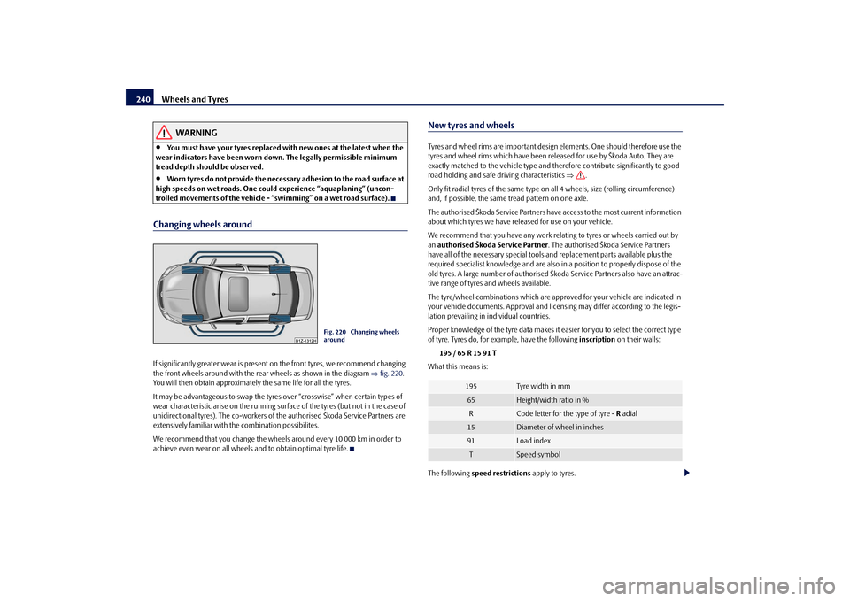 SKODA OCTAVIA 2009 2.G / (1Z) Owners Manual Wheels and Tyres
240
WARNING
•
You must have your tyres replaced with new ones at the latest when the
wear indicators have been worn do
wn. The legally permissible minimum
tread depth should be SKODA OCTAVIA 2009 2.G / (1Z) Owners Manual Wheels and Tyres
240
WARNING
•
You must have your tyres replaced with new ones at the latest when the
wear indicators have been worn do
wn. The legally permissible minimum
tread depth should be