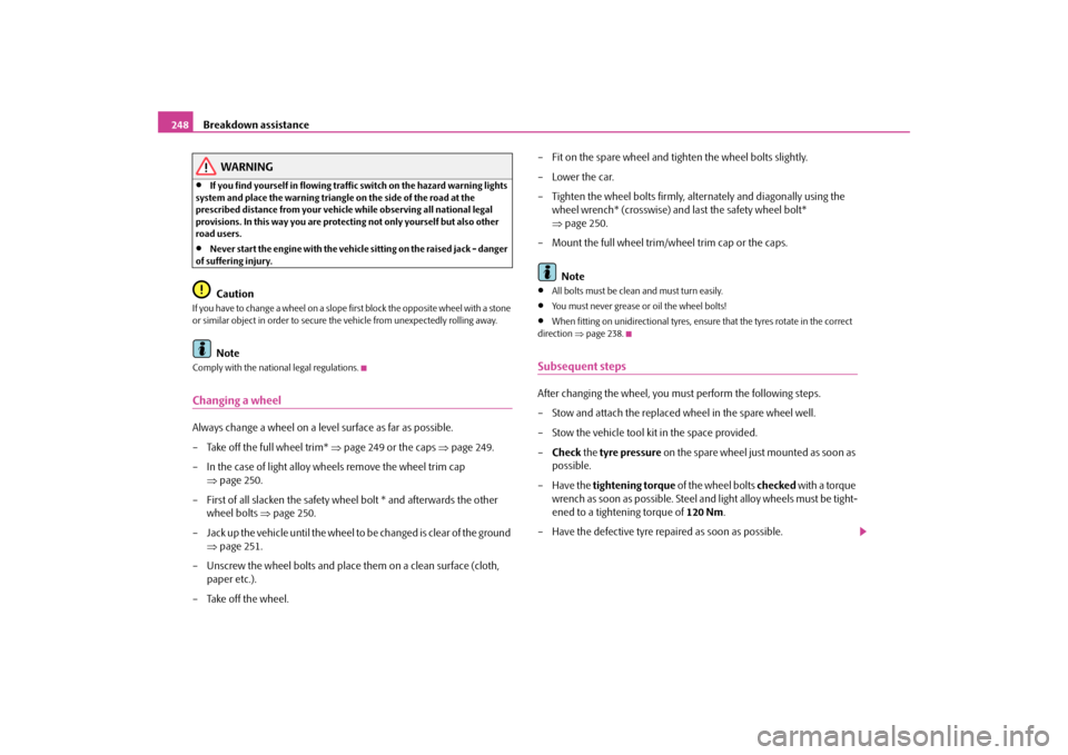 SKODA OCTAVIA 2009 2.G / (1Z) Owners Manual Breakdown assistance
248
WARNING
•
If you find yourself in flowing traffic switch on the hazard warning lights  
system and place the warning triangle 
 on the side of the road at the  
prescribed d