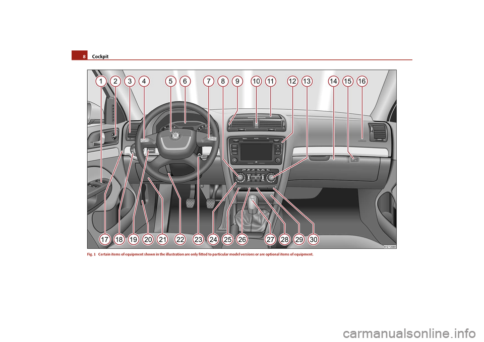 SKODA OCTAVIA 2009 2.G / (1Z) Owners Manual Cockpit
8Fig. 1  Certain items of equipment shown in 
the illustration are only fitted to partic
ular model versions or are optional items 
of equipment.
se0.1.book  Page 8  Friday, April 10, 2009  3: