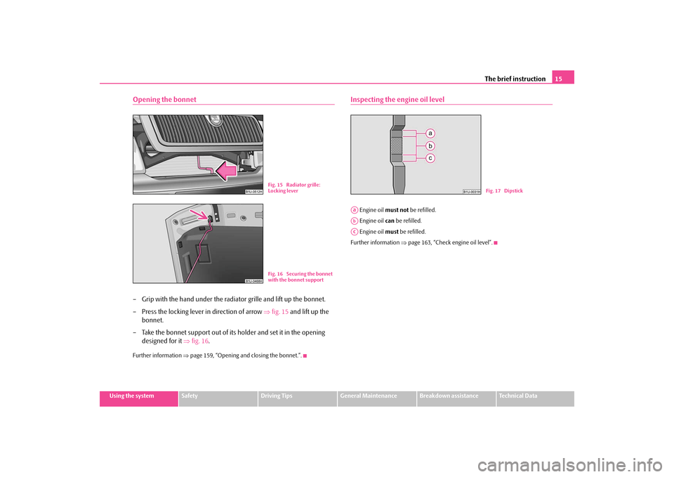 SKODA OCTAVIA TOUR 2009 1.G / (1U) User Guide The brief instruction
15
Using the system
Safety
Driving Tips
General Maintenance
Breakdown assistance
Technical Data
Opening the bonnet– Grip with the hand under
 the radiator grille and lift up th