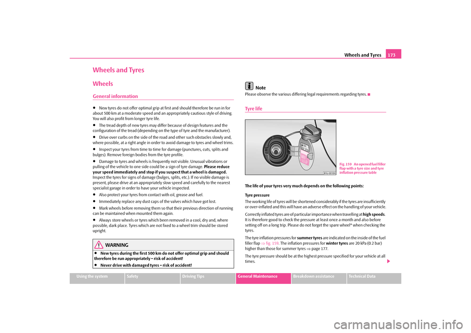 SKODA OCTAVIA TOUR 2009 1.G / (1U) Owners Manual Wheels and Tyres
173
Using the system
Safety
Driving Tips
General Maintenance
Breakdown assistance
Technical Data
Wheels and TyresWheelsGeneral information•
New tyres do not offer optimal grip at fi