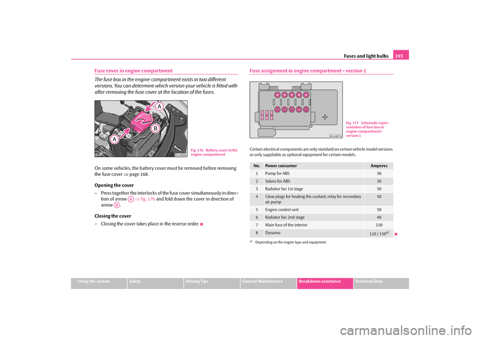 SKODA OCTAVIA TOUR 2009 1.G / (1U) Owners Manual Fuses and light bulbs
193
Using the system
Safety
Driving Tips
General Maintenance
Breakdown assistance
Technical Data
Fuse cover in engine compartment The fuse box in the engine comp 
artment exists 