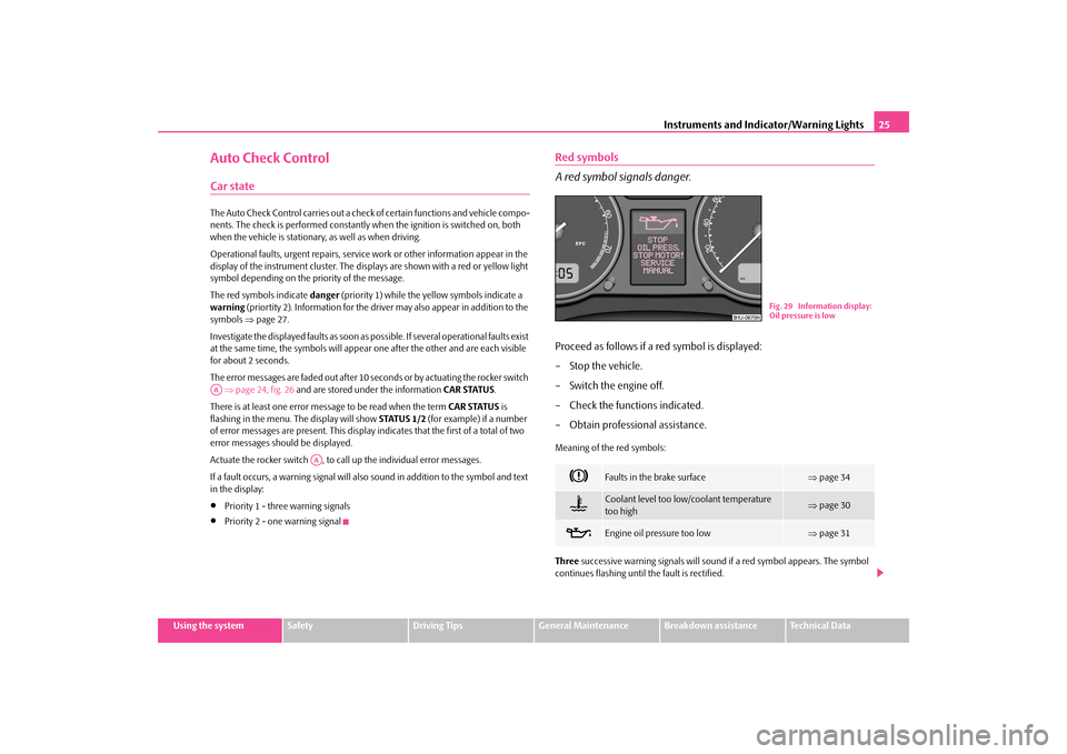 SKODA OCTAVIA TOUR 2009 1.G / (1U) Owners Manual Instruments and Indicator/Warning Lights
25
Using the system
Safety
Driving Tips
General Maintenance
Breakdown assistance
Technical Data
Auto Check ControlCar stateThe Auto Check Control carries out a