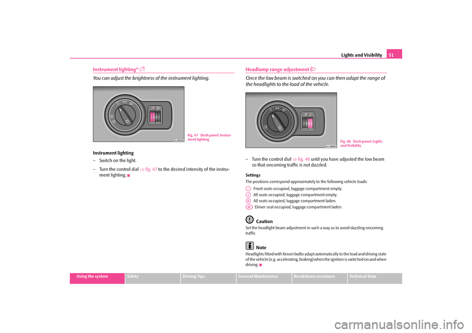 SKODA OCTAVIA TOUR 2009 1.G / (1U) Owners Manual Lights and Visibility
51
Using the system
Safety
Driving Tips
General Maintenance
Breakdown assistance
Technical Data
Instrument lighting* 

You can adjust the brightness of the instrument lighting