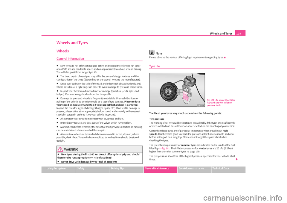 SKODA OCTAVIA TOUR 2009 1.G / (1U) Owners Manual Wheels and Tyres175
Using the system
Safety
Driving Tips
General Maintenance
Breakdown assistance
Technical Data
Wheels and TyresWheelsGeneral information•
New tyres do not offer optimal grip at fir
