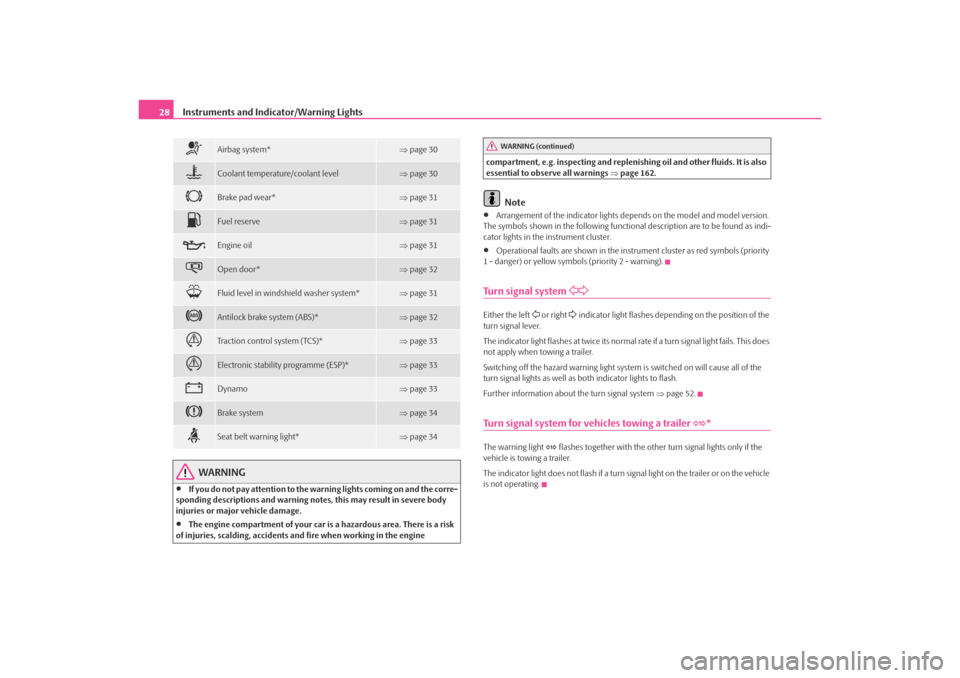 SKODA OCTAVIA TOUR 2009 1.G / (1U) Owners Manual Instruments and Indicator/Warning Lights
28
WARNING
•
If you do not pay attention to the wa rning lights coming on and the corre-
sponding descriptions and warning notes, this may result in severe b