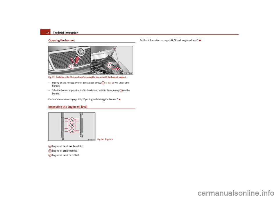 SKODA OCTAVIA TOUR 2010 2.G / (1Z) Owners Manual The brief instruction
14
Opening the bonnetFig. 13  Radiator grille: Release lever/se curing the bonnet with the bonnet support– Pulling on the release lever in direction of arrow    fig. 13  wil