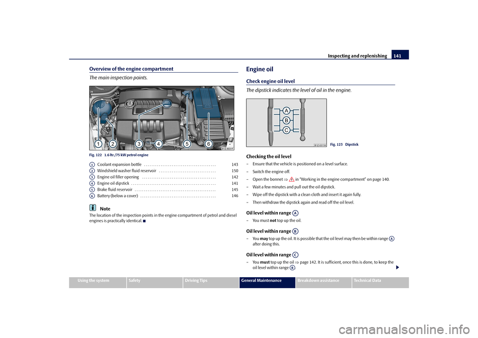 SKODA OCTAVIA TOUR 2010 2.G / (1Z) Owners Manual Inspecting and replenishing141
Using the system
Safety
Driving Tips
General Maintenance
Breakdown assistance
Technical Data
Overview of the engine compartment
The main inspection points.Fig. 122  1.6 