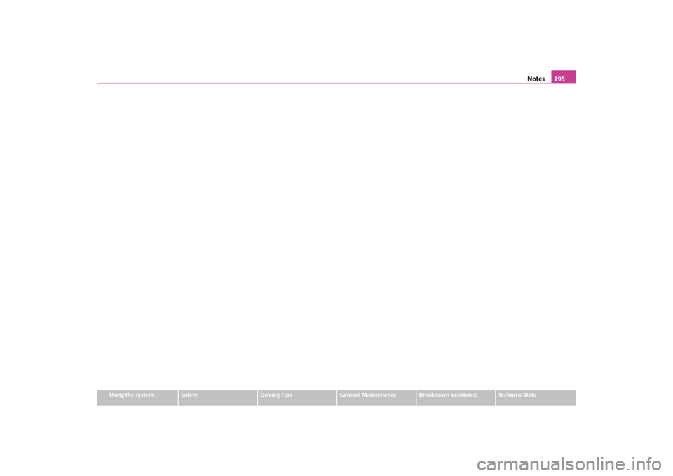 SKODA OCTAVIA TOUR 2010 2.G / (1Z) Owners Manual Notes195
Using the system
Safety
Driving Tips
General Maintenance
Breakdown assistance
Technical Data
s2bs.2.book  Page 195  Monday,  September 27, 2010  9:53 AM 
