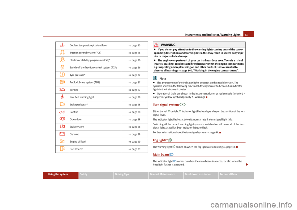 SKODA OCTAVIA TOUR 2010 2.G / (1Z) User Guide Instruments and Indicator/Warning Lights23
Using the system
Safety
Driving Tips
General Maintenance
Breakdown assistance
Technical Data
WARNING

If you do not pay attention to the warning lights co