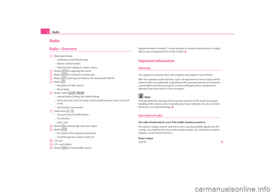 SKODA OCTAVIA TOUR 2010 2.G / (1Z) Symphony Car Radio Manual Radio
2RadioRadio - Overview
Rotary/push knob − switching on and off (pressing) − Volume control (rotate) − other function settin
gs in various menus 
Button   for adjusting the sound Button   f