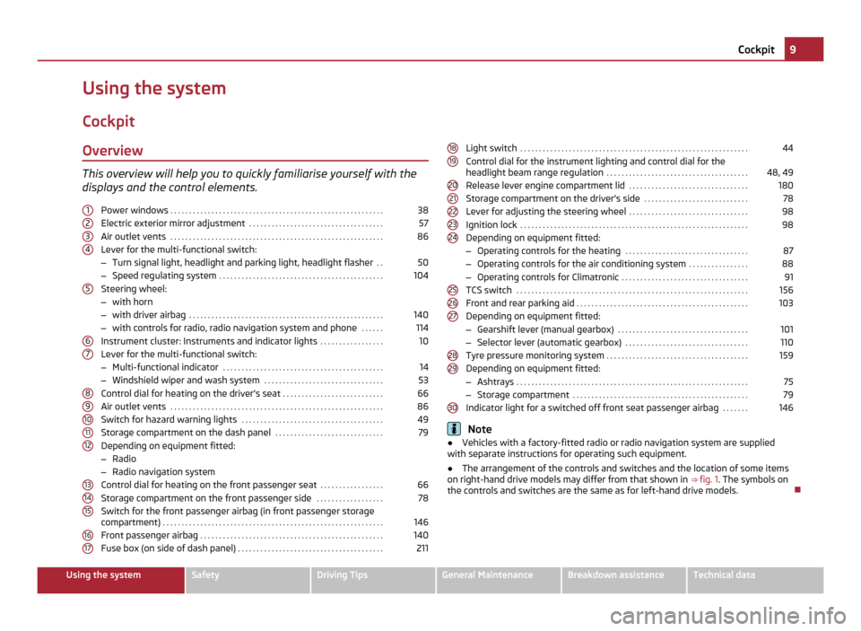 SKODA OCTAVIA 2011 2.G / (1Z) Owners Manual Using the system
Cockpit Overview This overview will help you to quickly familiarise yourself with the
displays and the control elements.
Power windows  . . . . . . . . . . . . . . . . . . . . . . . .