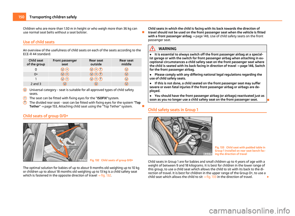 SKODA OCTAVIA 2011 2.G / (1Z) Owners Manual Children who are more than 1.50 m in height or who weigh more than 36 kg can
use normal seat belts without a seat bolster.
Use of child seats An overview of the usefulness of child seats on each o SKODA OCTAVIA 2011 2.G / (1Z) Owners Manual Children who are more than 1.50 m in height or who weigh more than 36 kg can
use normal seat belts without a seat bolster.
Use of child seats An overview of the usefulness of child seats on each o