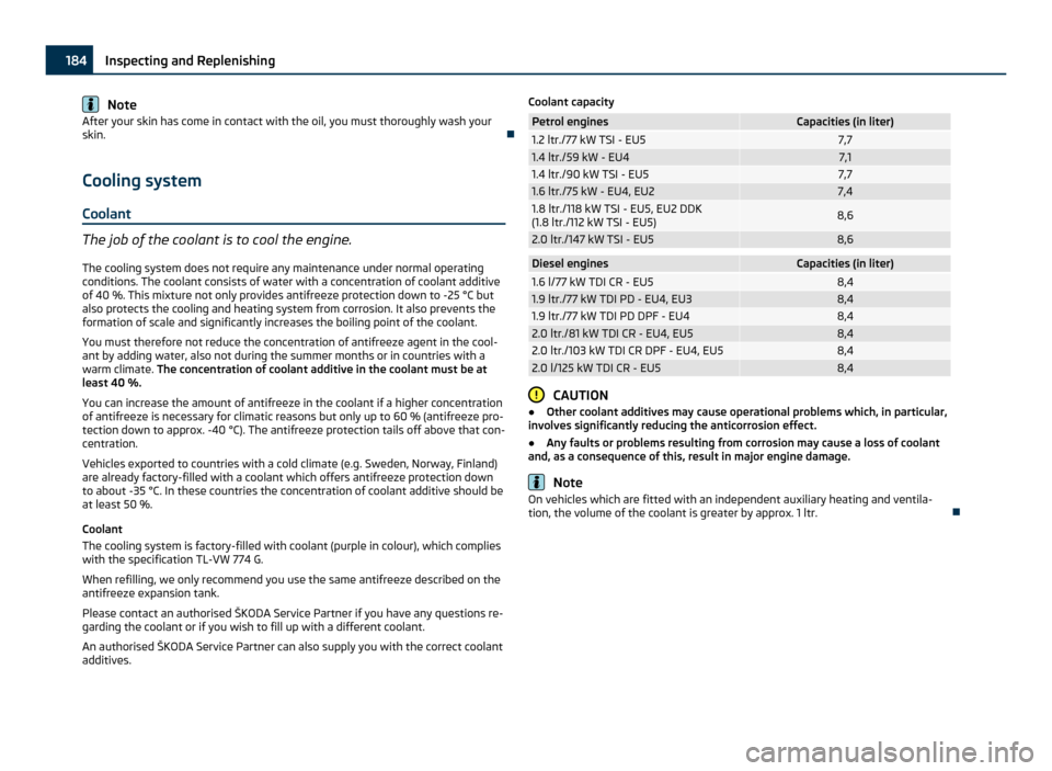 SKODA OCTAVIA 2011 2.G / (1Z) Owners Manual Note
After your skin has come in contact with the oil, you must thoroughly wash your
skin.
Cooling system
Coolant The job of the coolant is to cool the engine.
The cooling system does not require SKODA OCTAVIA 2011 2.G / (1Z) Owners Manual Note
After your skin has come in contact with the oil, you must thoroughly wash your
skin.
Cooling system
Coolant The job of the coolant is to cool the engine.
The cooling system does not require