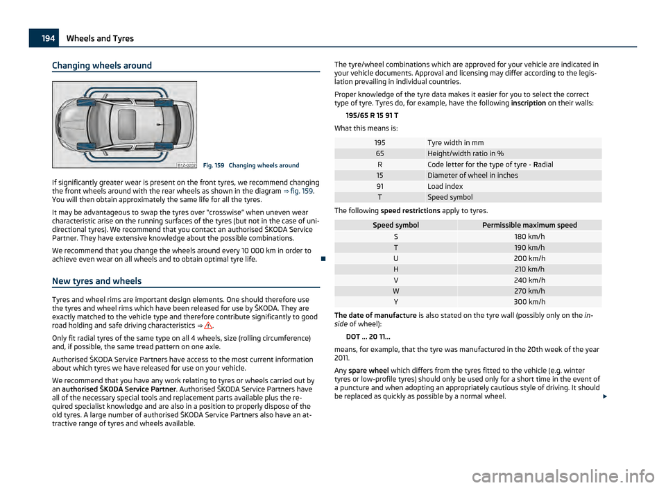 SKODA OCTAVIA 2011 2.G / (1Z) Owners Manual Changing wheels around
Fig. 159 Changing wheels around
If significantly greater wear is present on the front tyres, we recommend changing
the front wheels around with the rear wheels as shown in the SKODA OCTAVIA 2011 2.G / (1Z) Owners Manual Changing wheels around
Fig. 159 Changing wheels around
If significantly greater wear is present on the front tyres, we recommend changing
the front wheels around with the rear wheels as shown in the