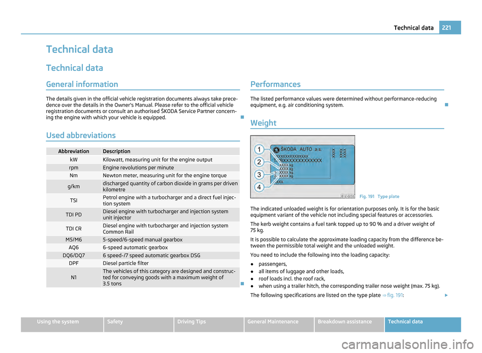 SKODA OCTAVIA 2011 2.G / (1Z) Owners Manual Technical data
Technical data General information The details given in the official vehicle registration documents always take prece-
dence over the details in the Owners Manual. Please refer to the 