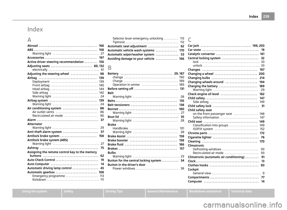 SKODA OCTAVIA 2011 2.G / (1Z) Owners Manual Index
A
Abroad  . . . . . . . . . . . . . . . . . . . . . . . . . . . . . . . . . . . . . . 166
ABS  . . . . . . . . . . . . . . . . . . . . . . . . . . . . . . . . . . . . . . . . . 158 Warning light