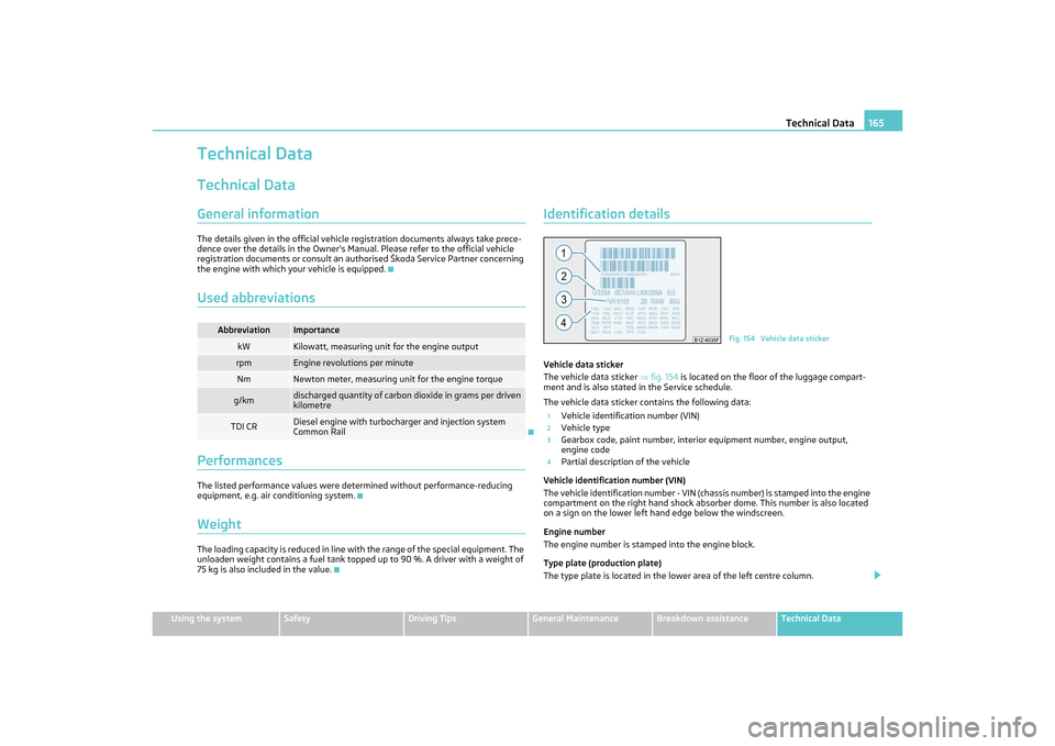 SKODA OCTAVIA TOUR 2011 2.G / (1Z) Owners Manual Technical Data165
Using the system
Safety
Driving Tips
General Maintenance
Breakdown assistance
Technical Data
Technical DataTechnical DataGeneral informationThe details given in the official vehicle SKODA OCTAVIA TOUR 2011 2.G / (1Z) Owners Manual Technical Data165
Using the system
Safety
Driving Tips
General Maintenance
Breakdown assistance
Technical Data
Technical DataTechnical DataGeneral informationThe details given in the official vehicle