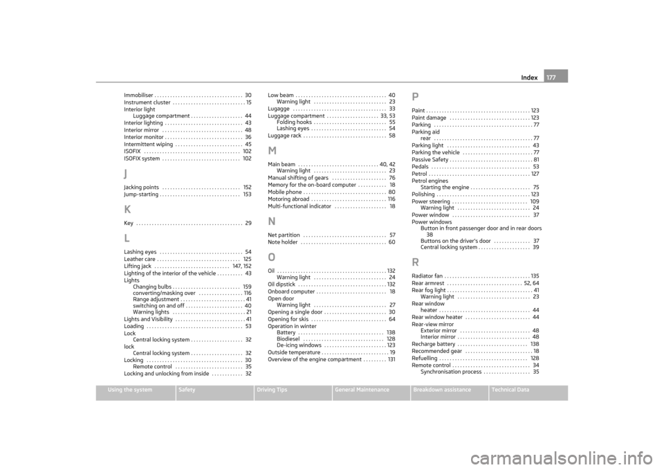 SKODA OCTAVIA TOUR 2011 2.G / (1Z) Owners Manual Index177
Using the system
Safety
Driving Tips
General Maintenance
Breakdown assistance
Technical Data
Immobiliser . . . . . . . . . . . . . . . . . . . . . . . . . . . . . . . . . .  30
Instrument clu